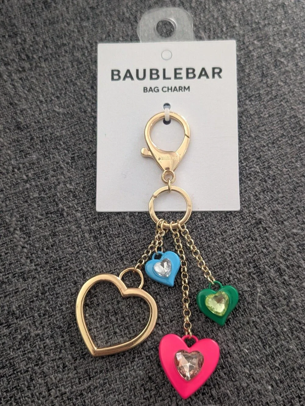 BaubleBar Gold Heart Bag Charm with Pink, Blue, and Green Hearts